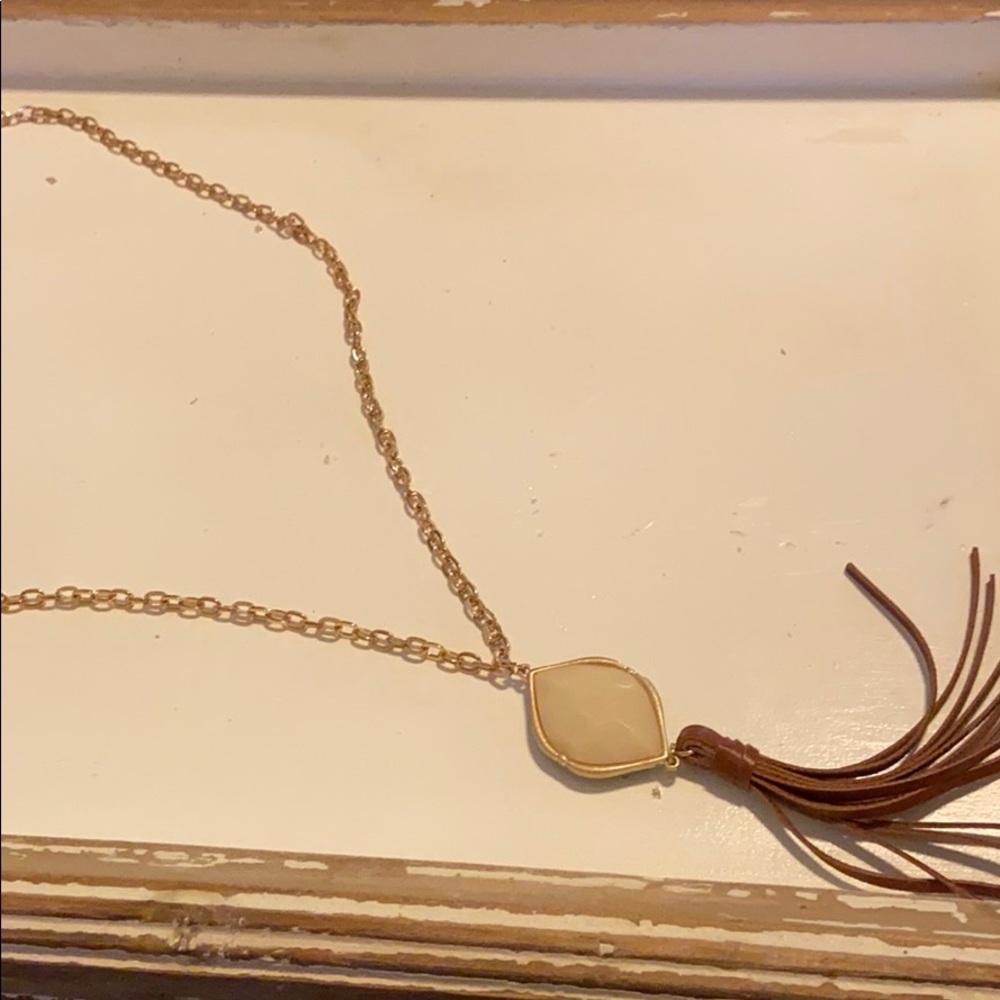 Long necklace. Pearl and black w/ leather tassel